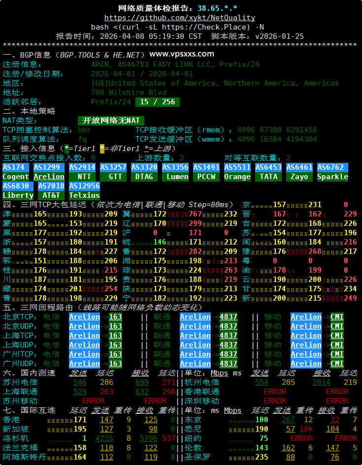 vmrack美国原生云服务器网络质量体检报告