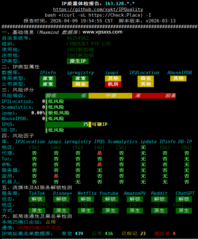 丽萨主机新加坡VPS IP质量体检报告