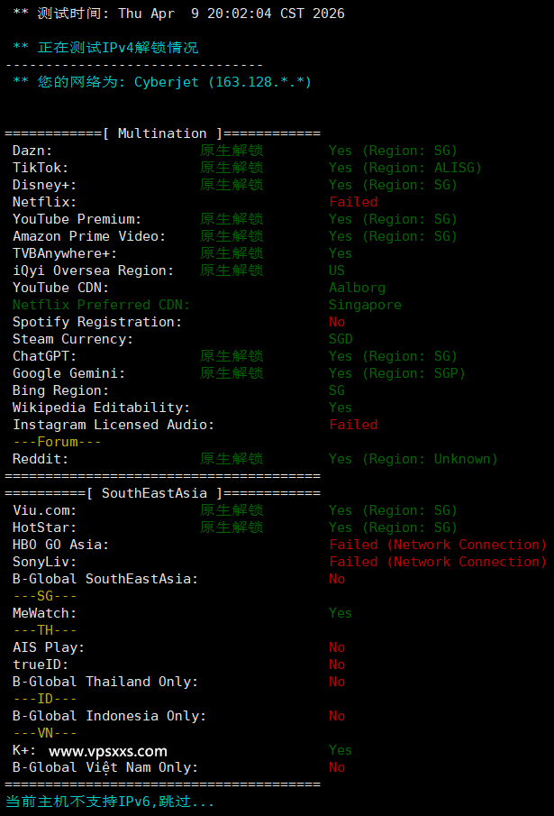 丽萨主机新加坡VPS流媒体解锁能力测试