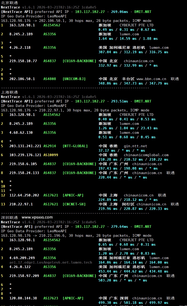 丽萨主机新加坡VPS联通回程路由
