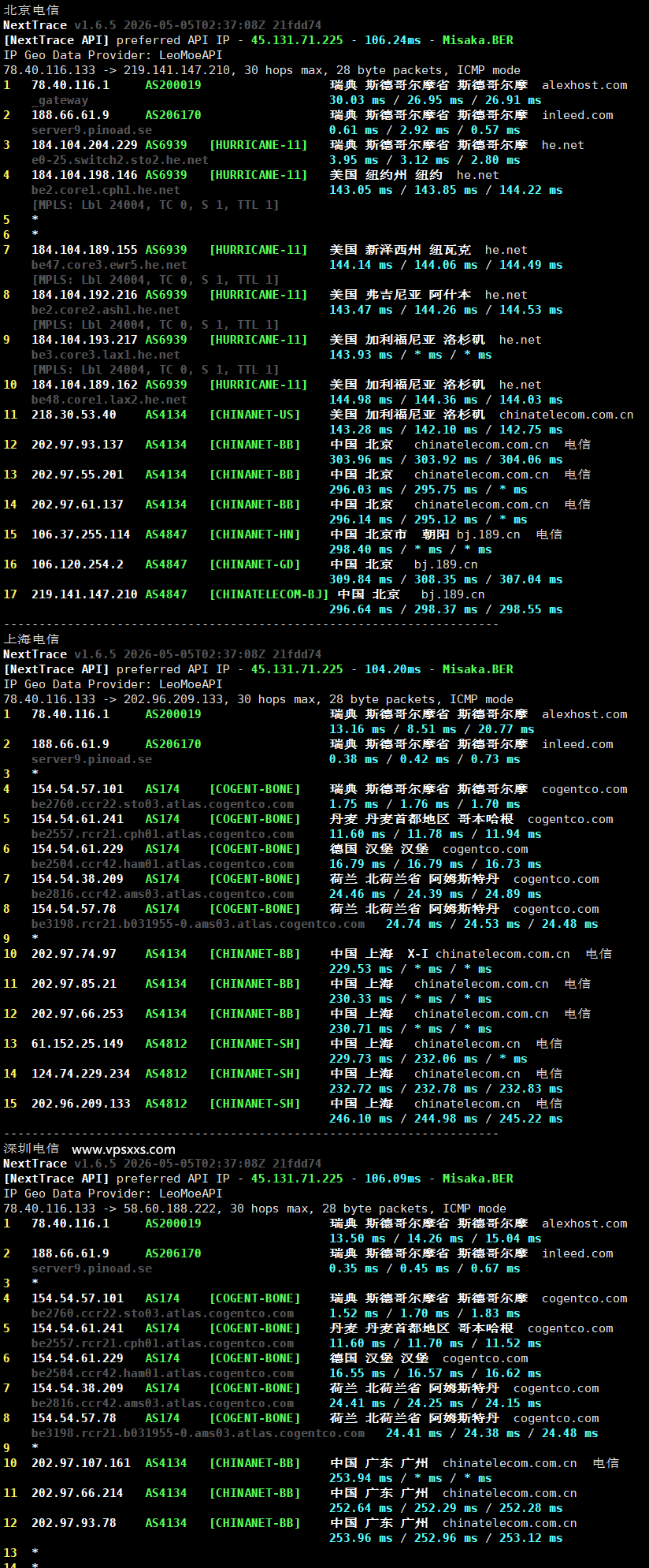AlexHost瑞典VPS电信回程路由