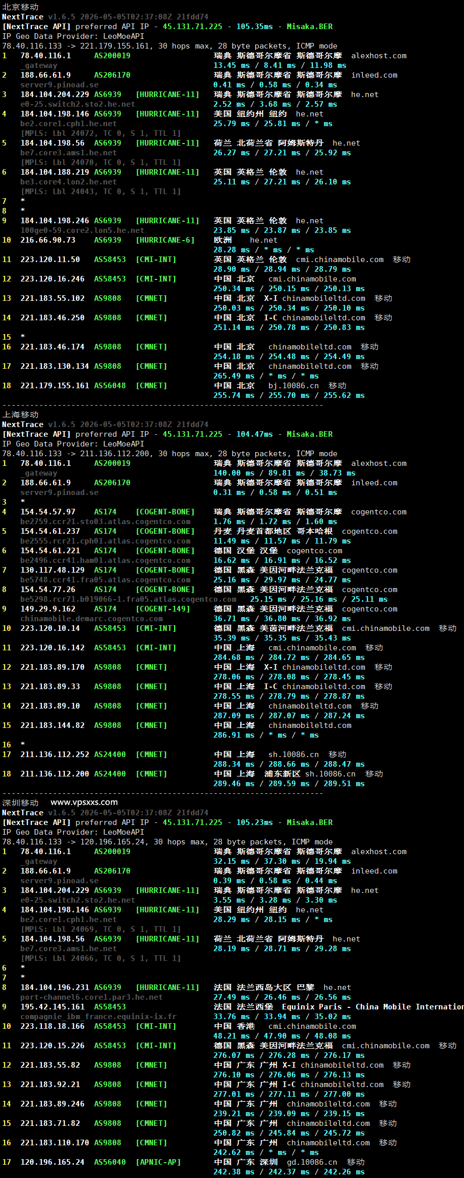 AlexHost瑞典VPS移动回程路由