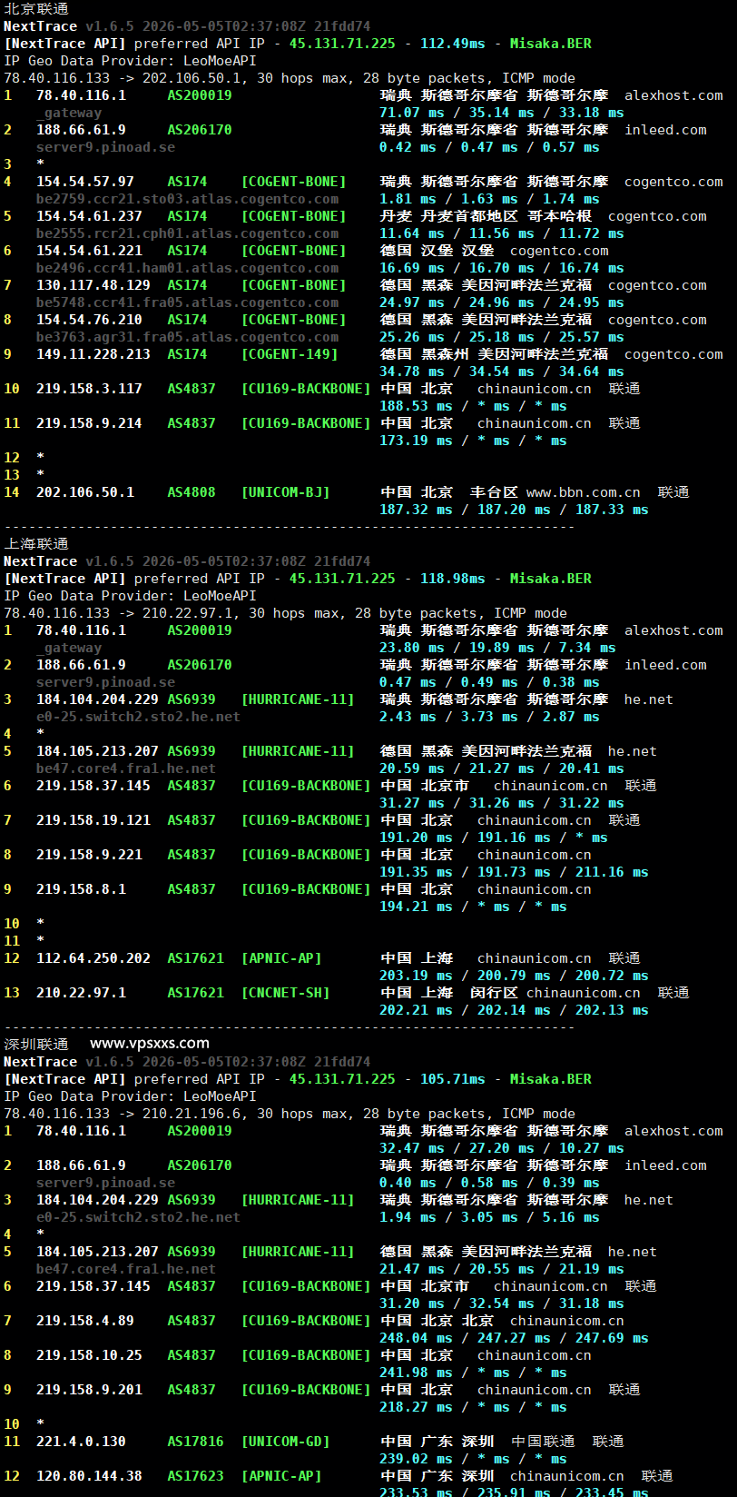 AlexHost瑞典VPS联通回程路由