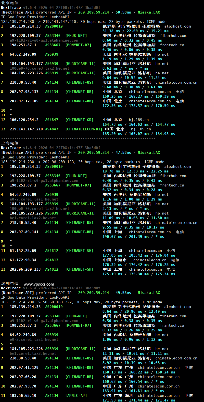 AlexHost美国拉斯维加斯VPS电信回程路由