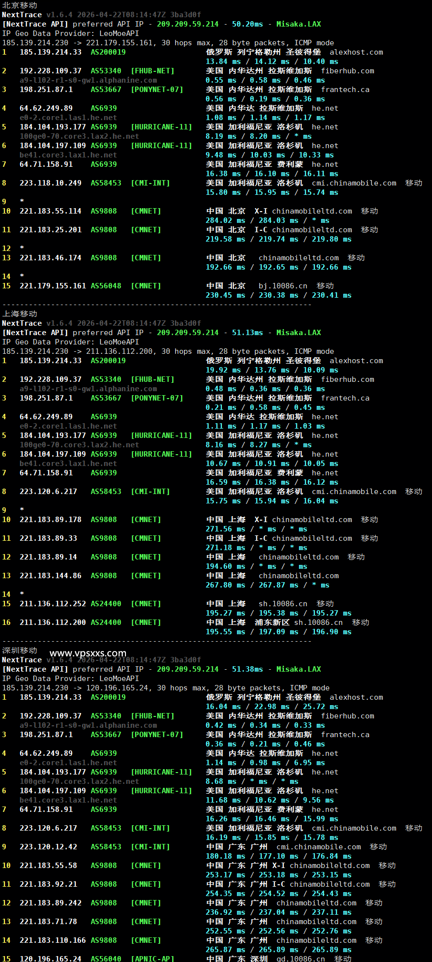 AlexHost美国拉斯维加斯VPS移动回程路由