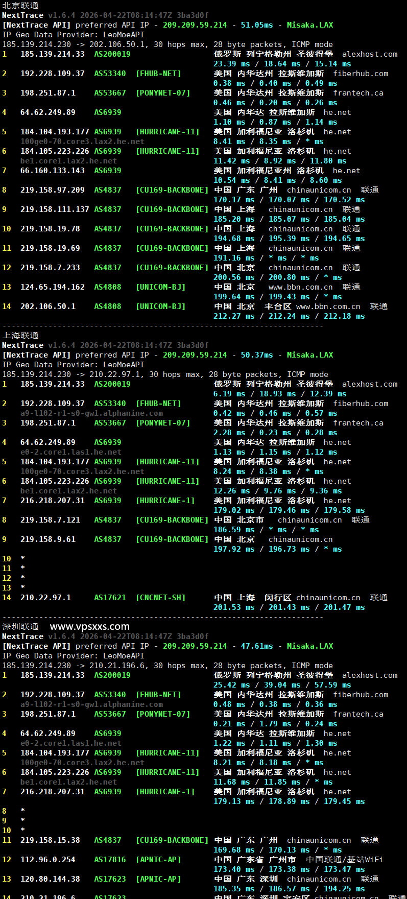 AlexHost美国拉斯维加斯VPS联通回程路由