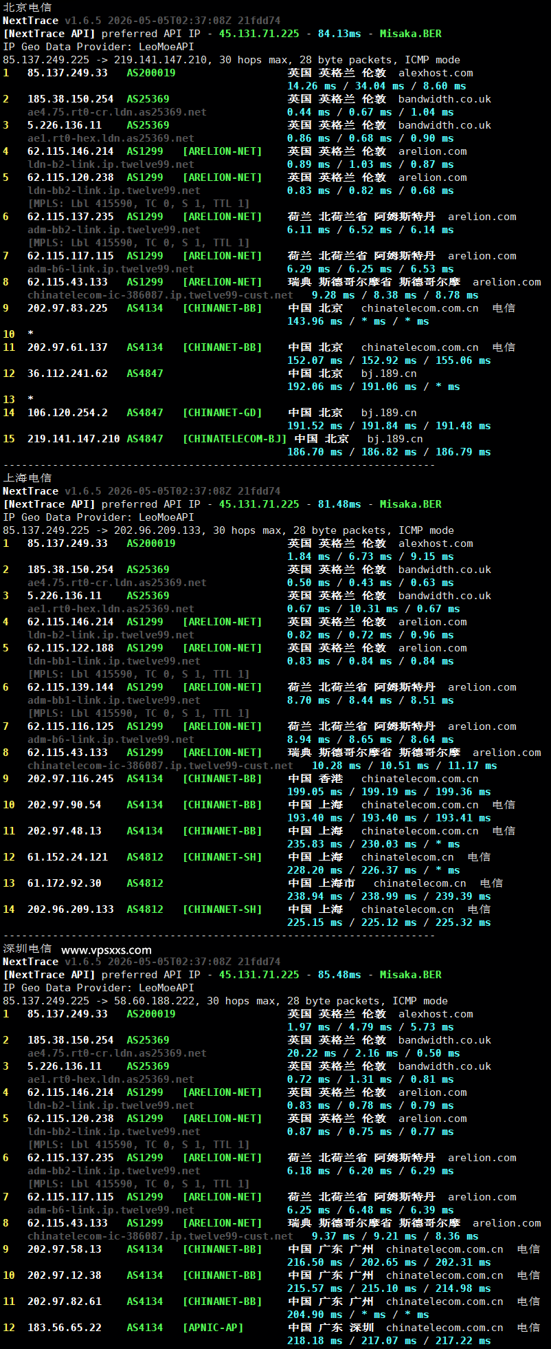 AlexHost英国VPS电信回程路由