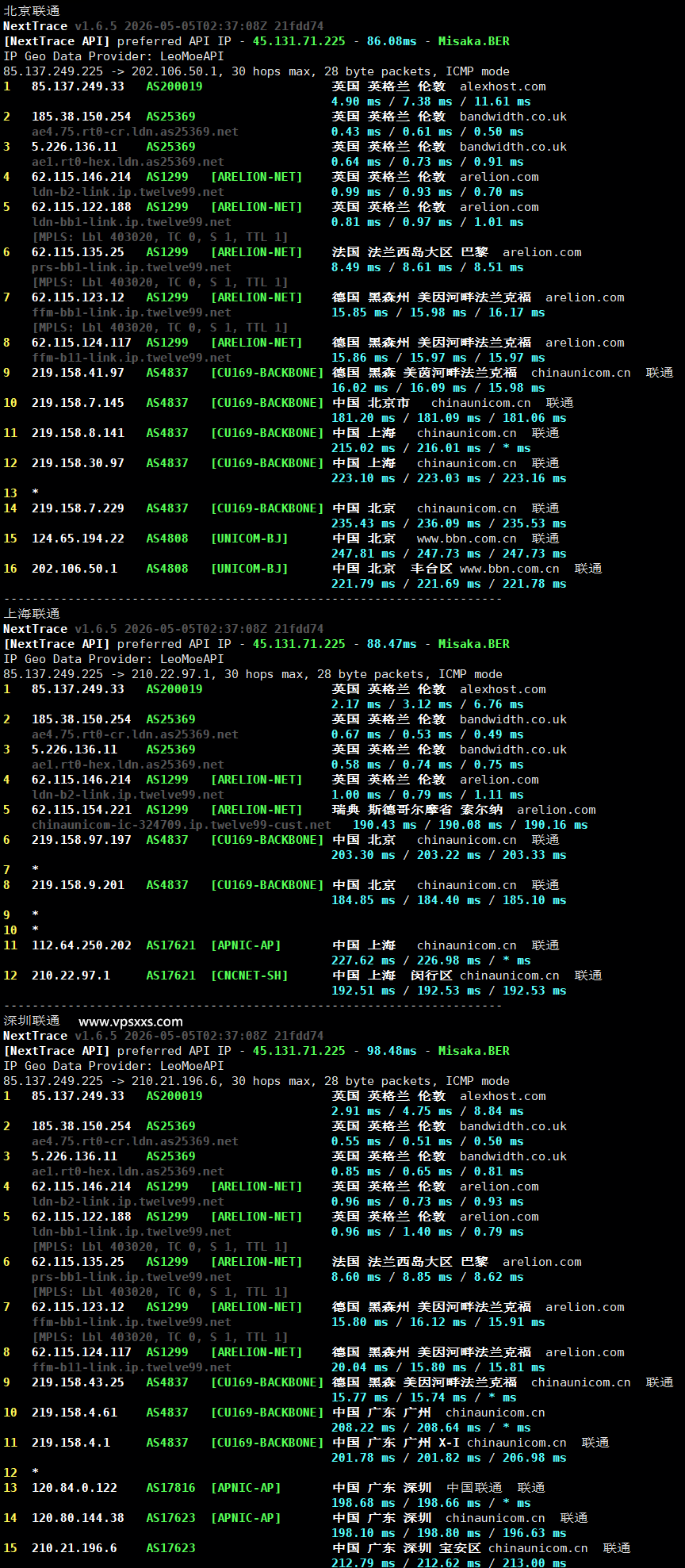 AlexHost英国VPS联通回程路由