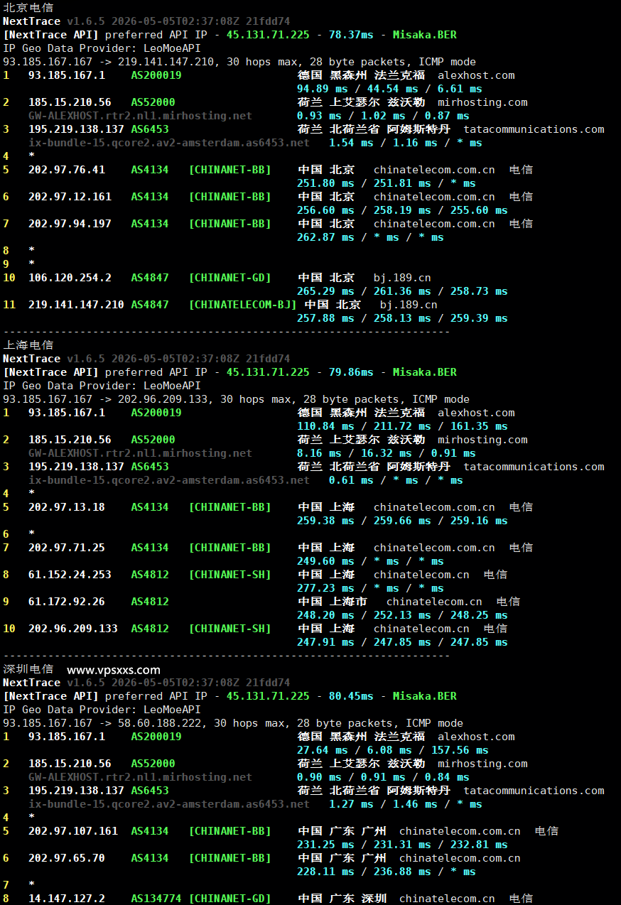 AlexHost荷兰VPS电信回程路由