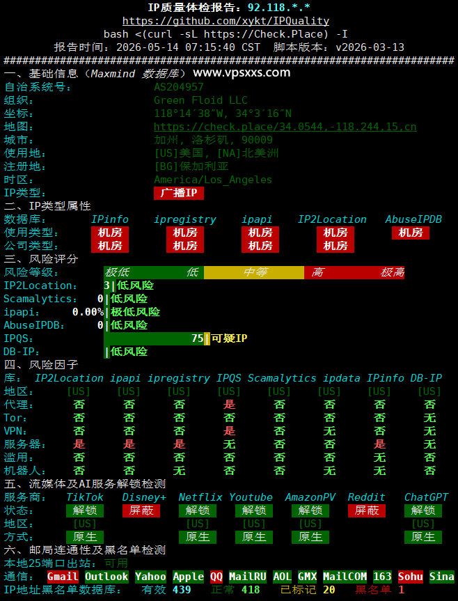 Friendhosting美国洛杉矶VPS IP质量体检报告