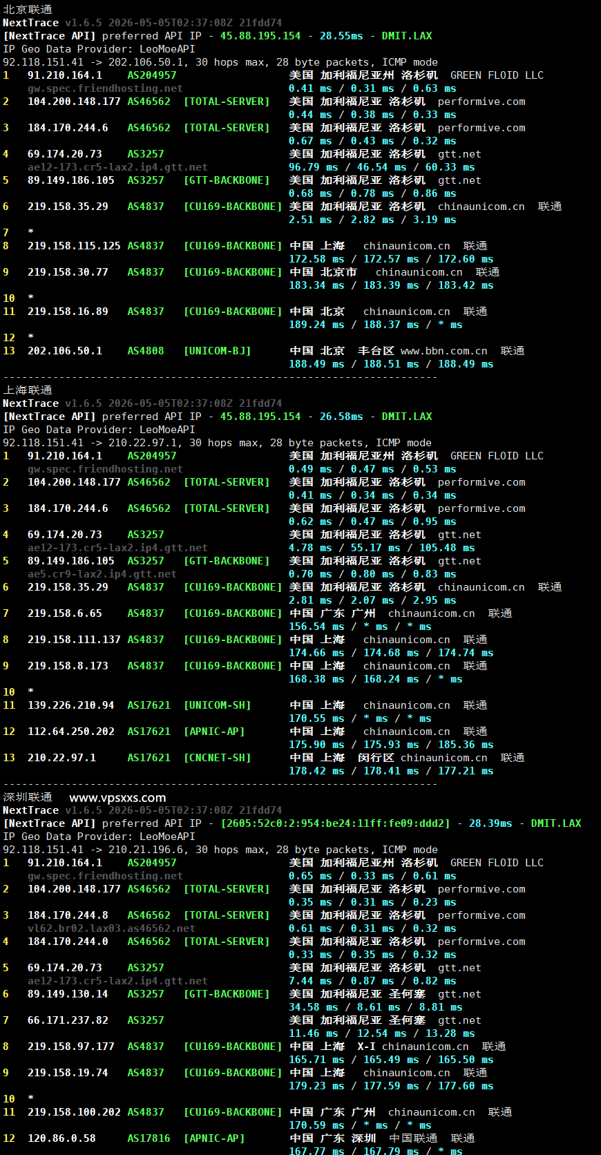 Friendhosting美国洛杉矶VPS联通回程路由