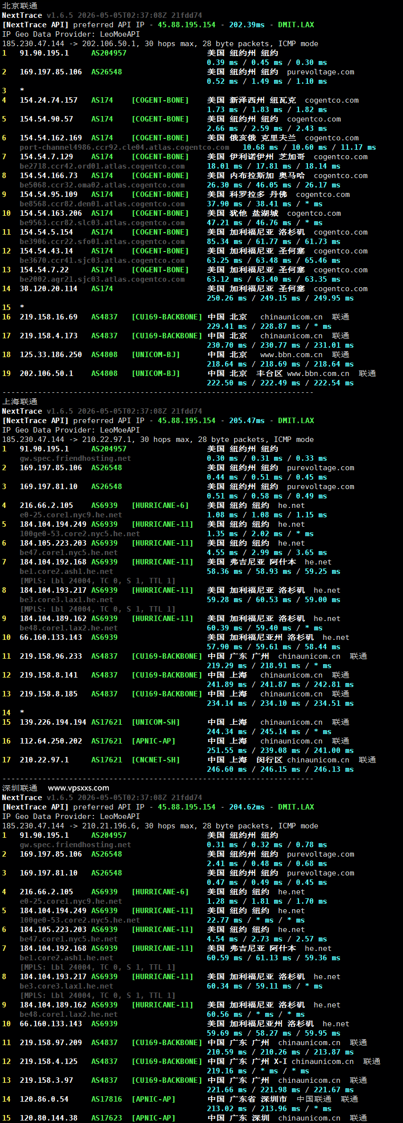Friendhosting美国纽约VPS联通回程路由