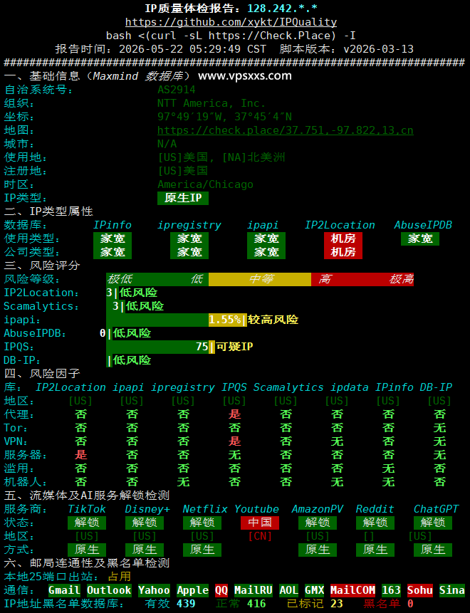 IPRaft美国洛杉矶NTT双ISP VPS IP质量体检报告