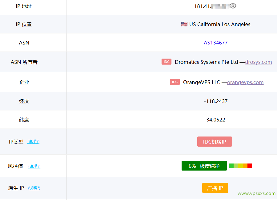 OrangeVPS美国洛杉矶VPS ping0是否家庭IP检测