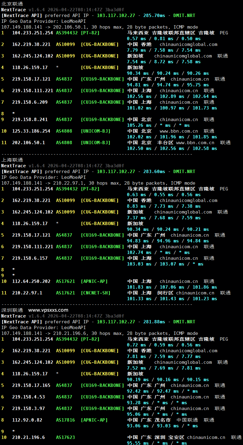 RAKsmart新加坡大陆优化VPS联通回程路由