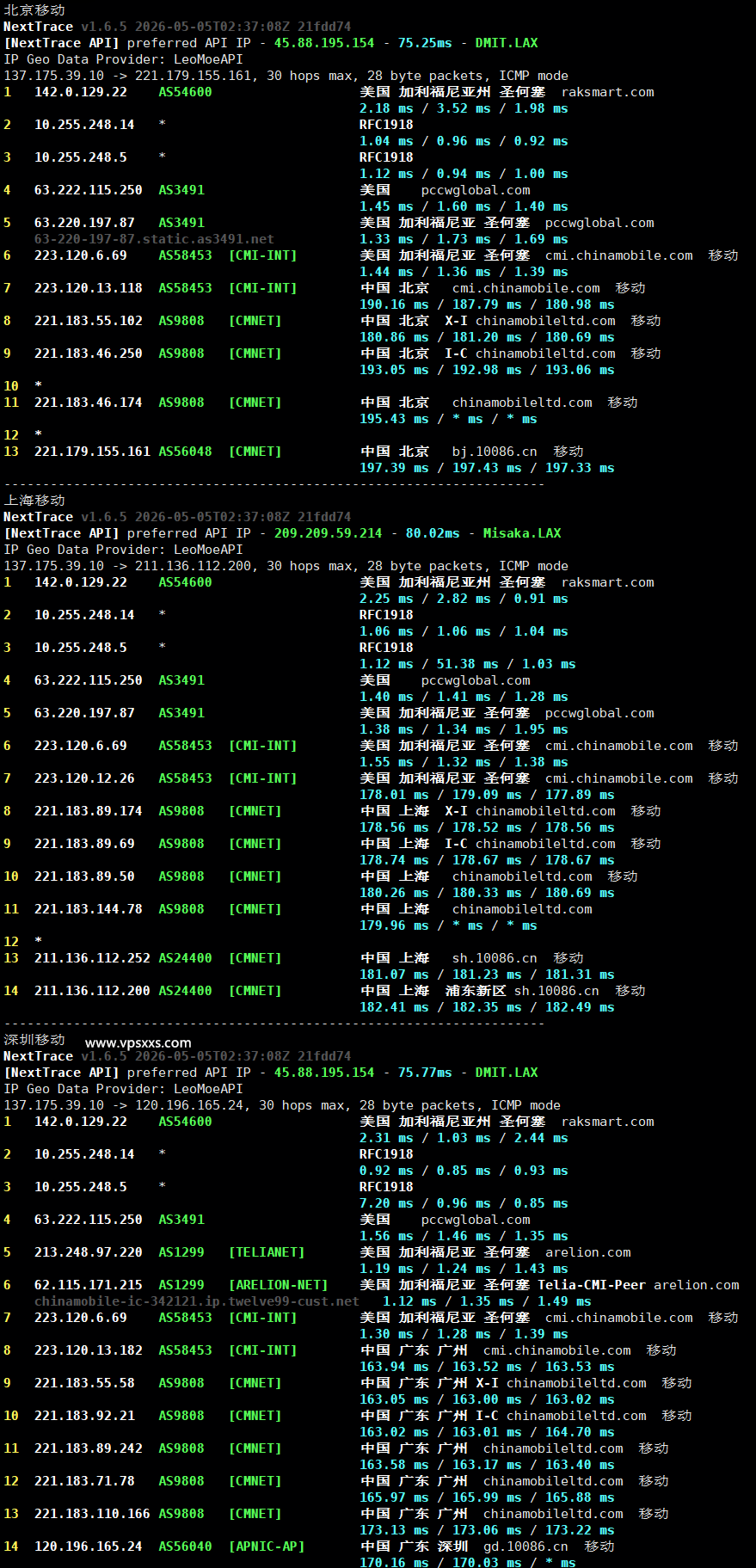 RAKsmart美国硅谷国际BGP VPS移动回程路由