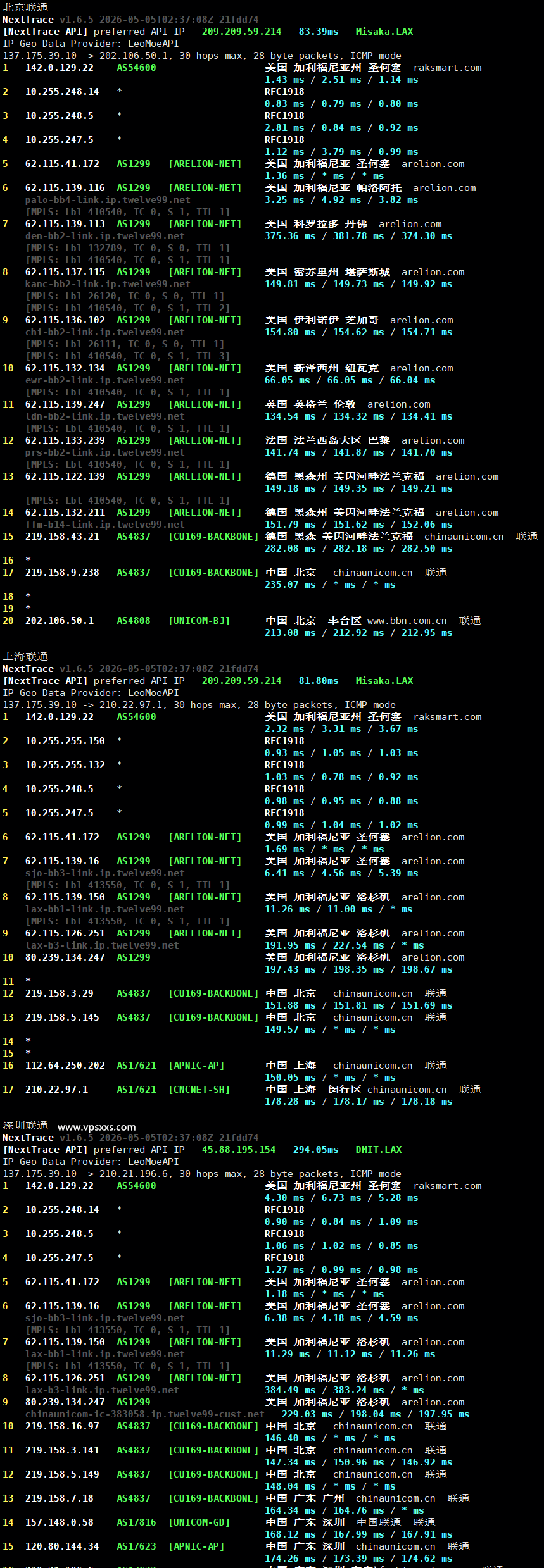 RAKsmart美国硅谷国际BGP VPS联通回程路由