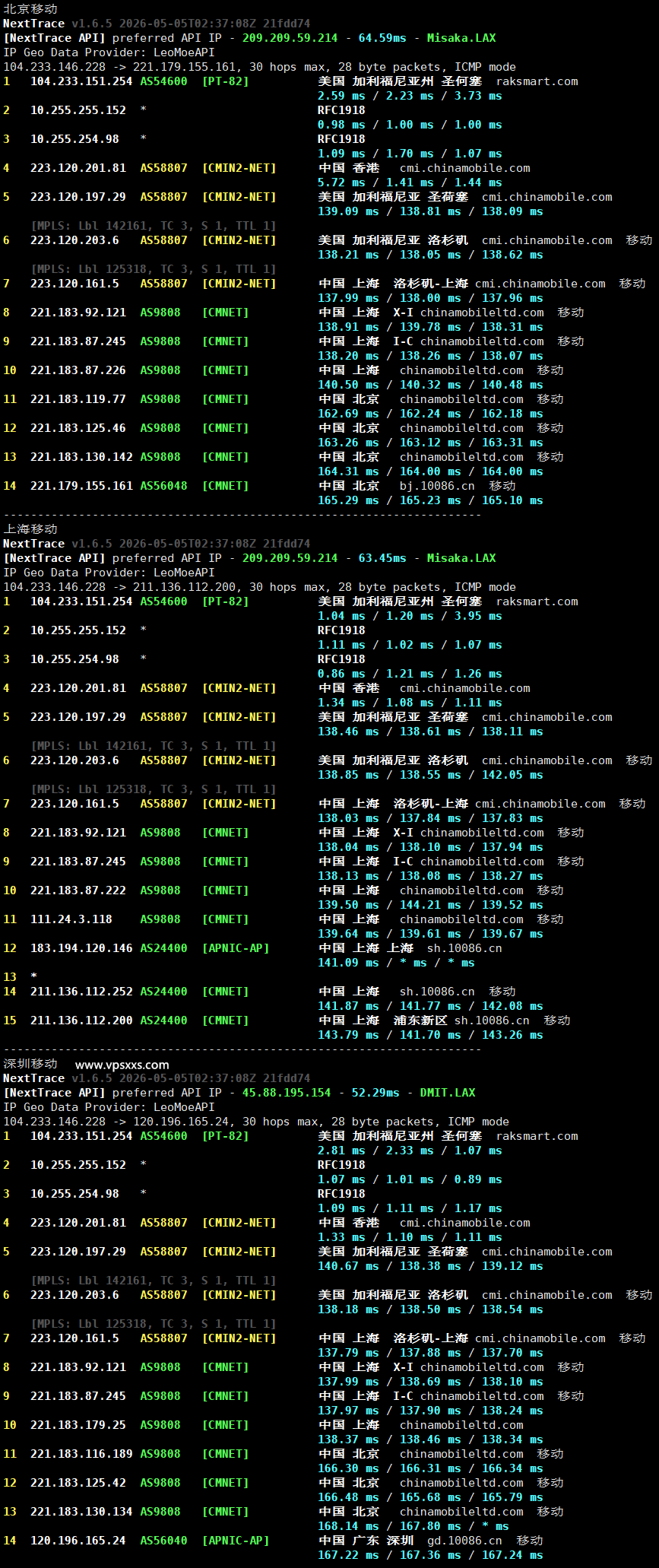 RAKsmart美国硅谷精品CN2 VPS移动回程路由