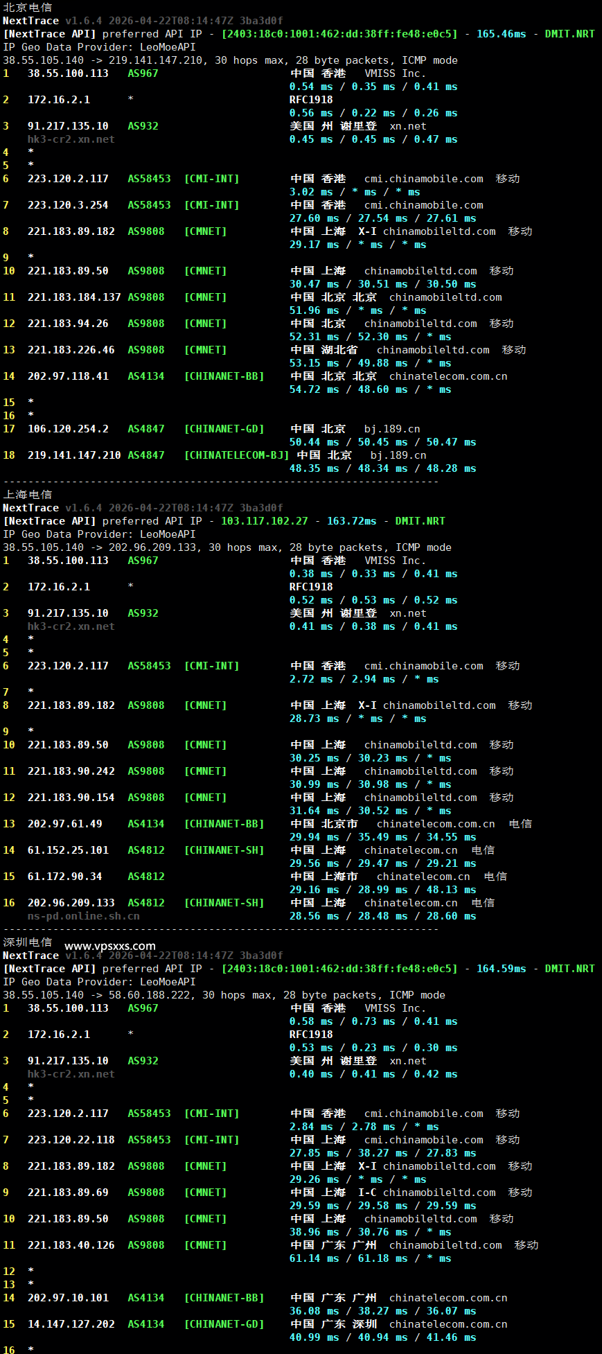 vmiss香港优化BGP DC2机房电信回程路由