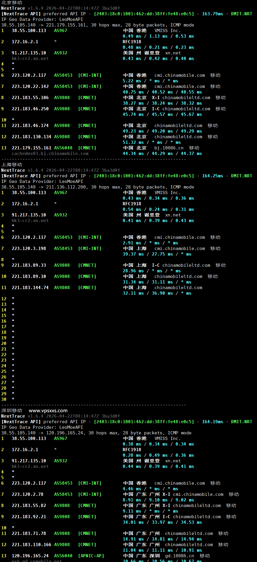 vmiss香港优化BGP DC2机房移动回程路由