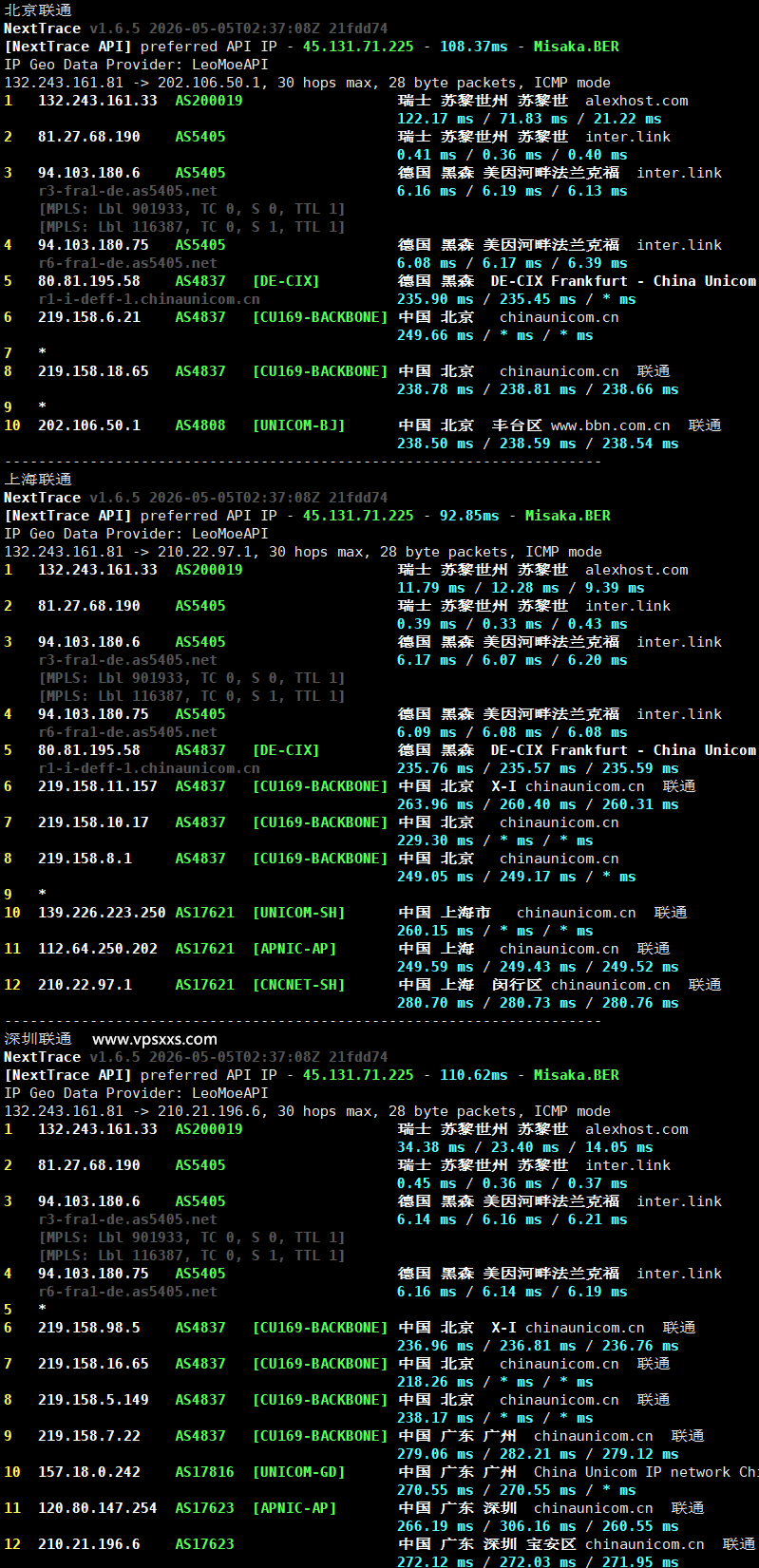 AlexHost瑞士VPS联通回程路由