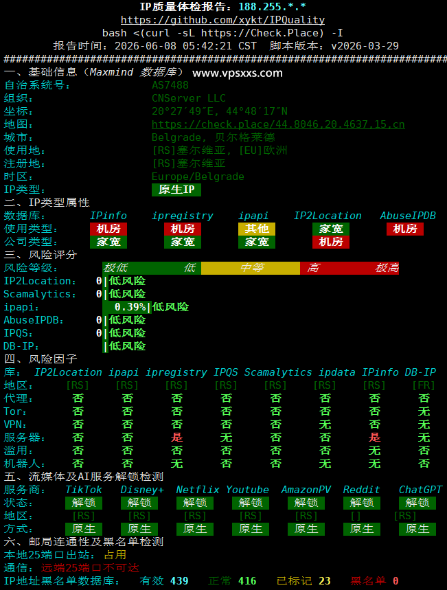 DediOne美国洛杉矶CMIN2 VPS IP质量体检报告