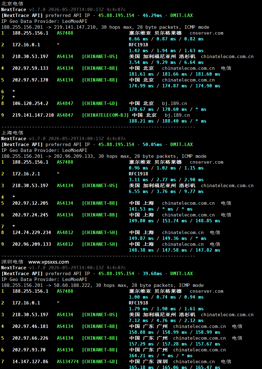 DediOne美国洛杉矶CMIN2 VPS电信回程路由