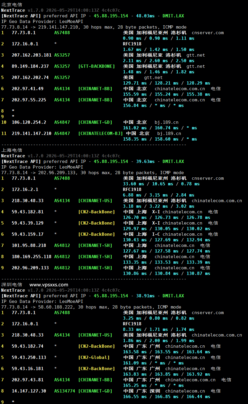 DediOne美国洛杉矶CN2 VPS电信回程路由