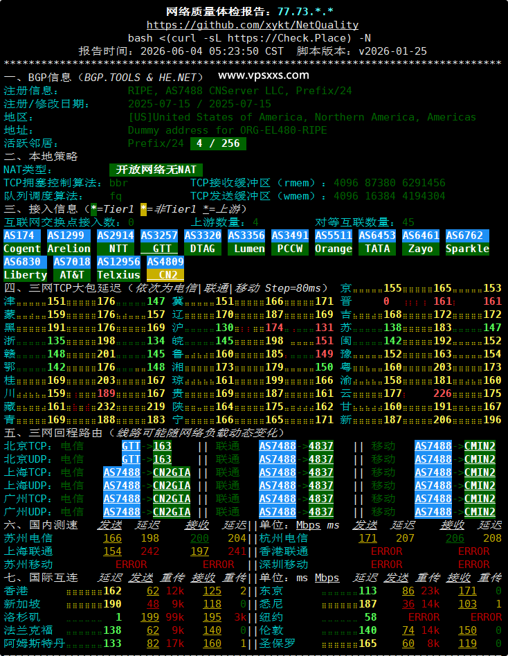 DediOne美国洛杉矶CN2 VPS网络质量体检报告