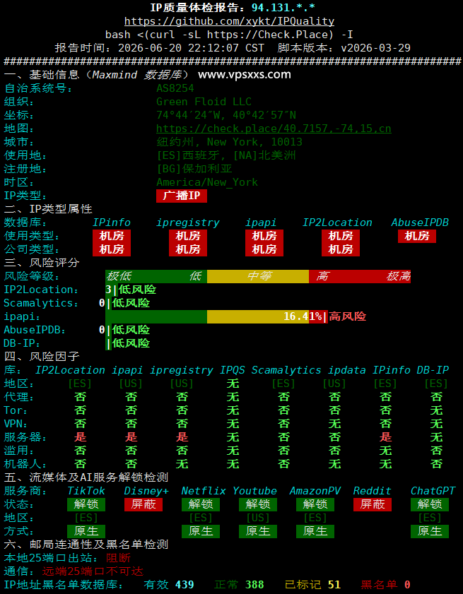 Friendhosting西班牙VPS IP质量体检报告