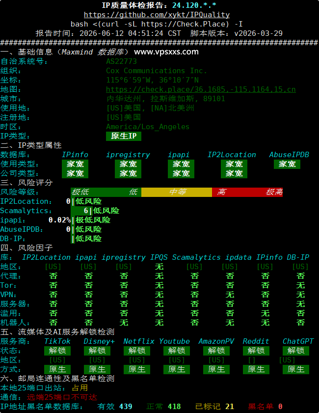 NovixLink美国Cox真家宽IP VPS IP质量体检报告