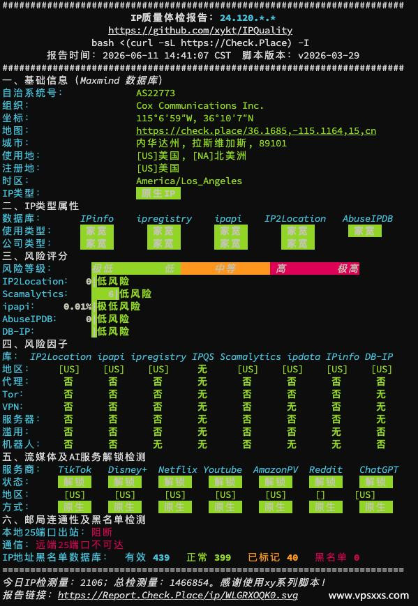 NovixLink美国Cox真家宽IP质量体检报告【商家提供】