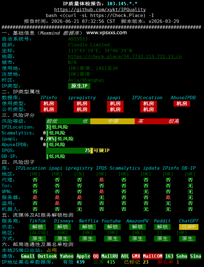 VPS.CAT香港三网直连VPS IP质量体检报告