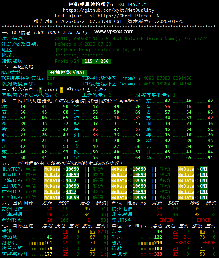 VPS.CAT香港三网直连VPS网络质量体检报告
