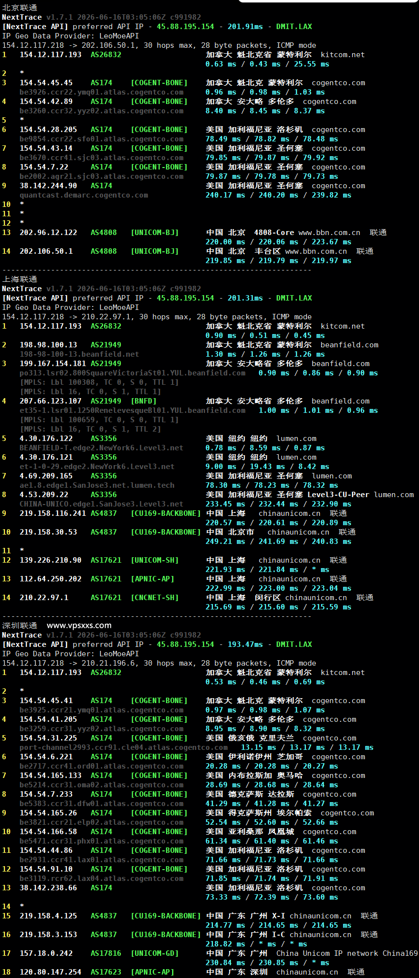servarica加拿大VPS联通回程路由