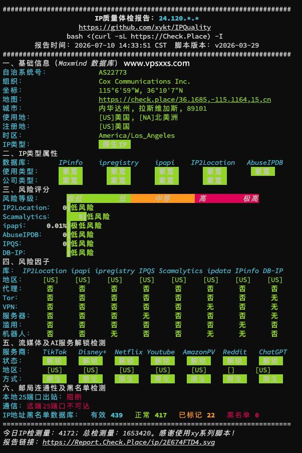 NovixLInk20260711补货美国COX双ISP家宽IP质量体检报告【商家提供】