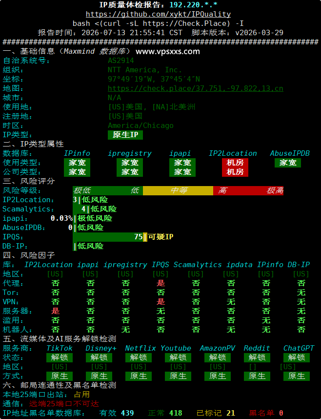 VPS.CAT美国NTT双ISP VPS IP质量体检报告