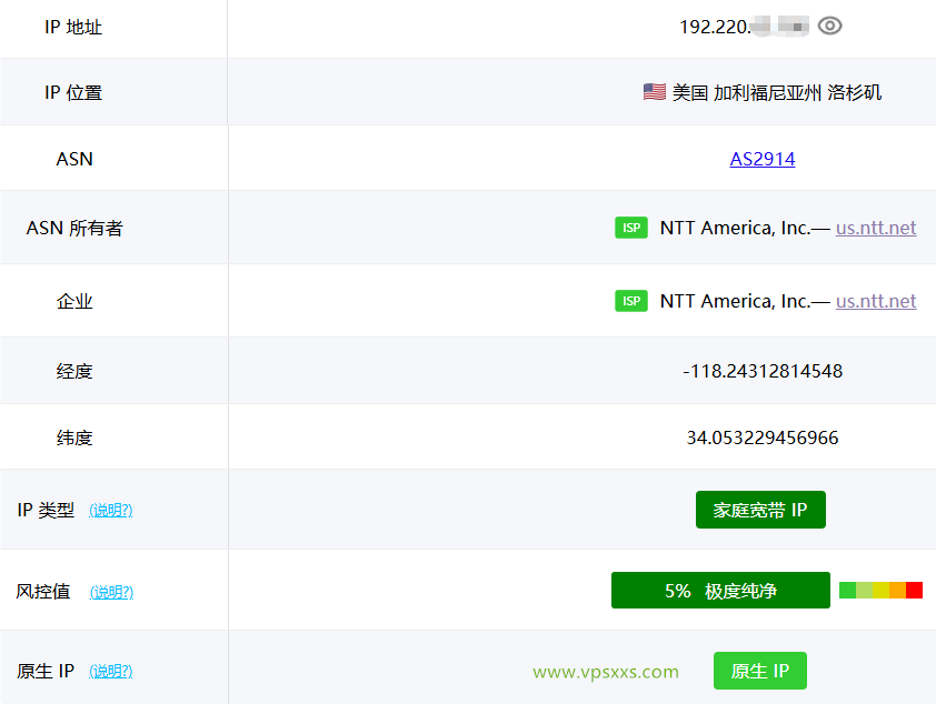 VPS.CAT美国NTT双ISP VPS ping0是否家庭IP检测