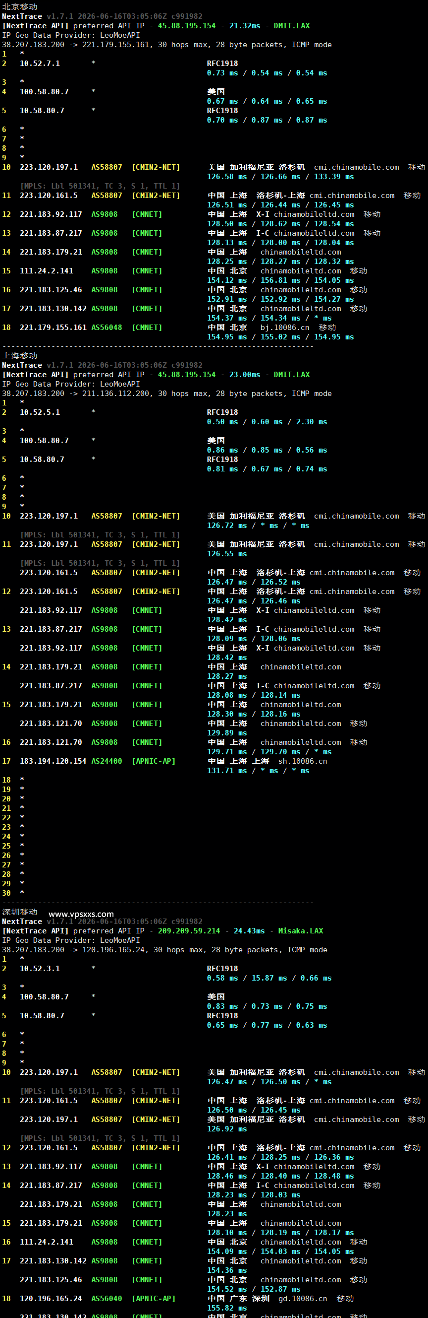vmiss美国9929 VPS移动回程路由