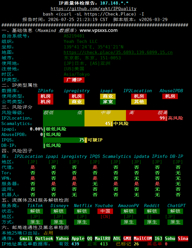 云途日本东京国际网络VPS IP质量体检报告