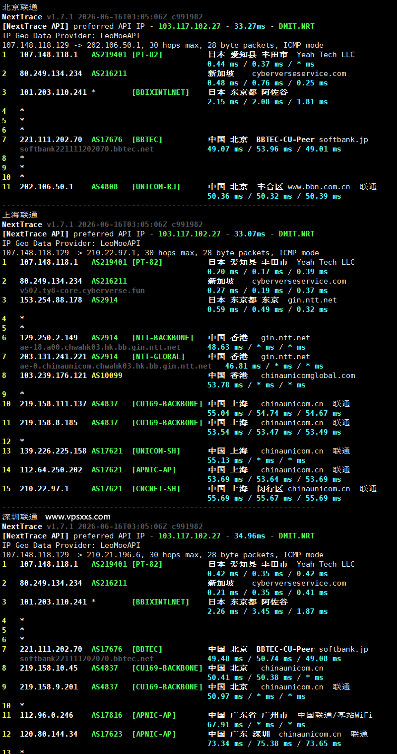 云途日本东京国际网络VPS联通回程路由
