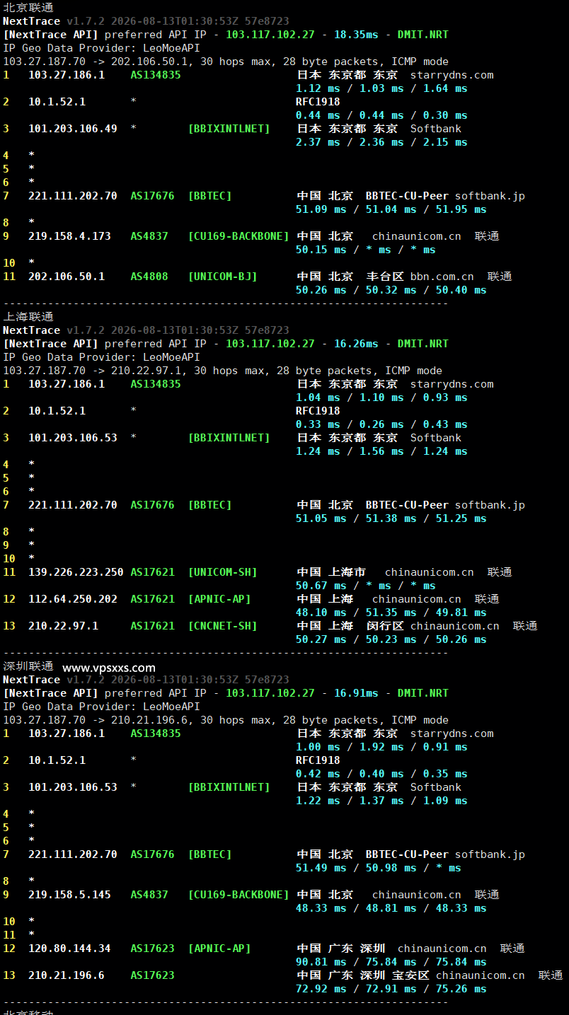 HHost日本VPS联通回程路由