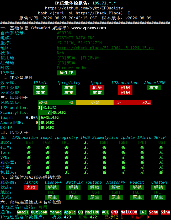 QQG.NET美国三网直连VPS IP质量体检报告