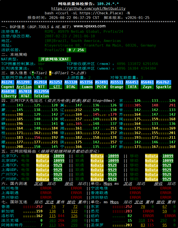 云途德国VPS网络质量体检报告