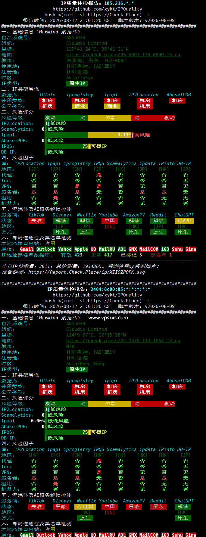 云途香港优化网络VPS IP质量体检报告