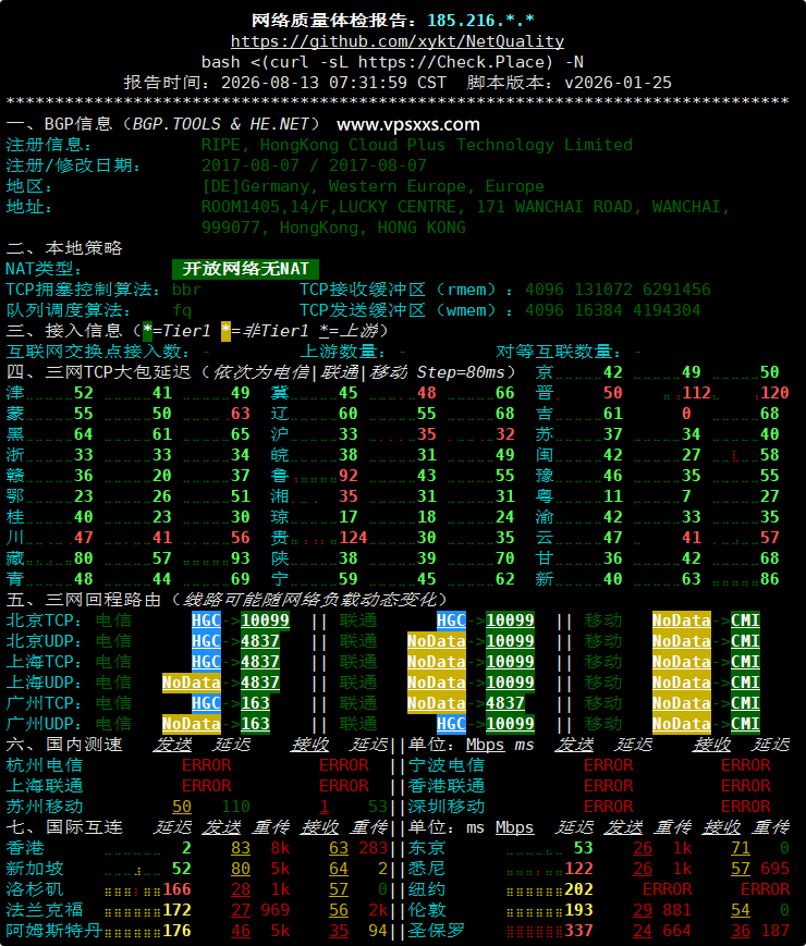 云途香港优化网络VPS网络质量体检报告