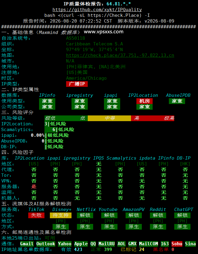 六六云菲律宾双ISP VPS IP质量体检报告