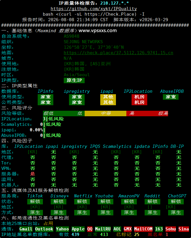 六六云韩国双ISP VPS IP质量体检报告