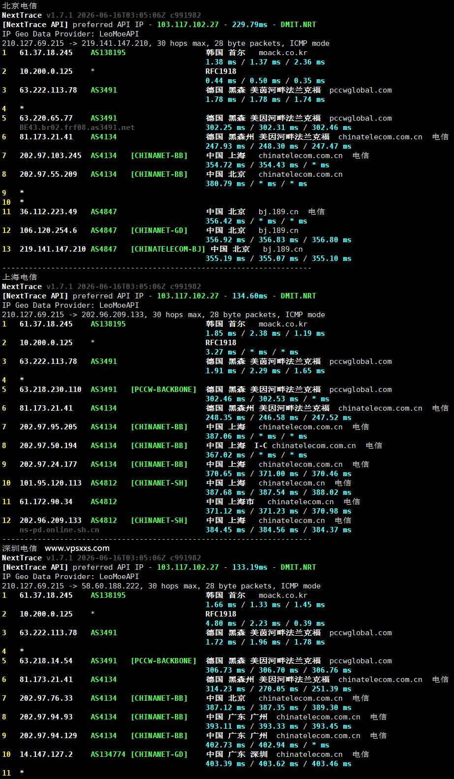 六六云韩国双ISP VPS电信回程路由