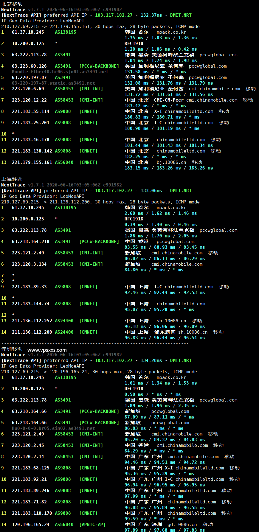 六六云韩国双ISP VPS移动回程路由
